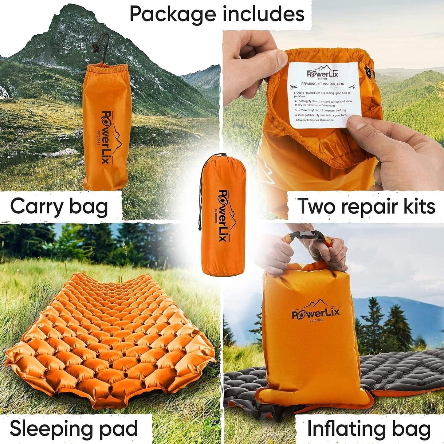 POWERLIX Ultralight Inflatable Sleeping Pad - Camping Mattress Orange & Black