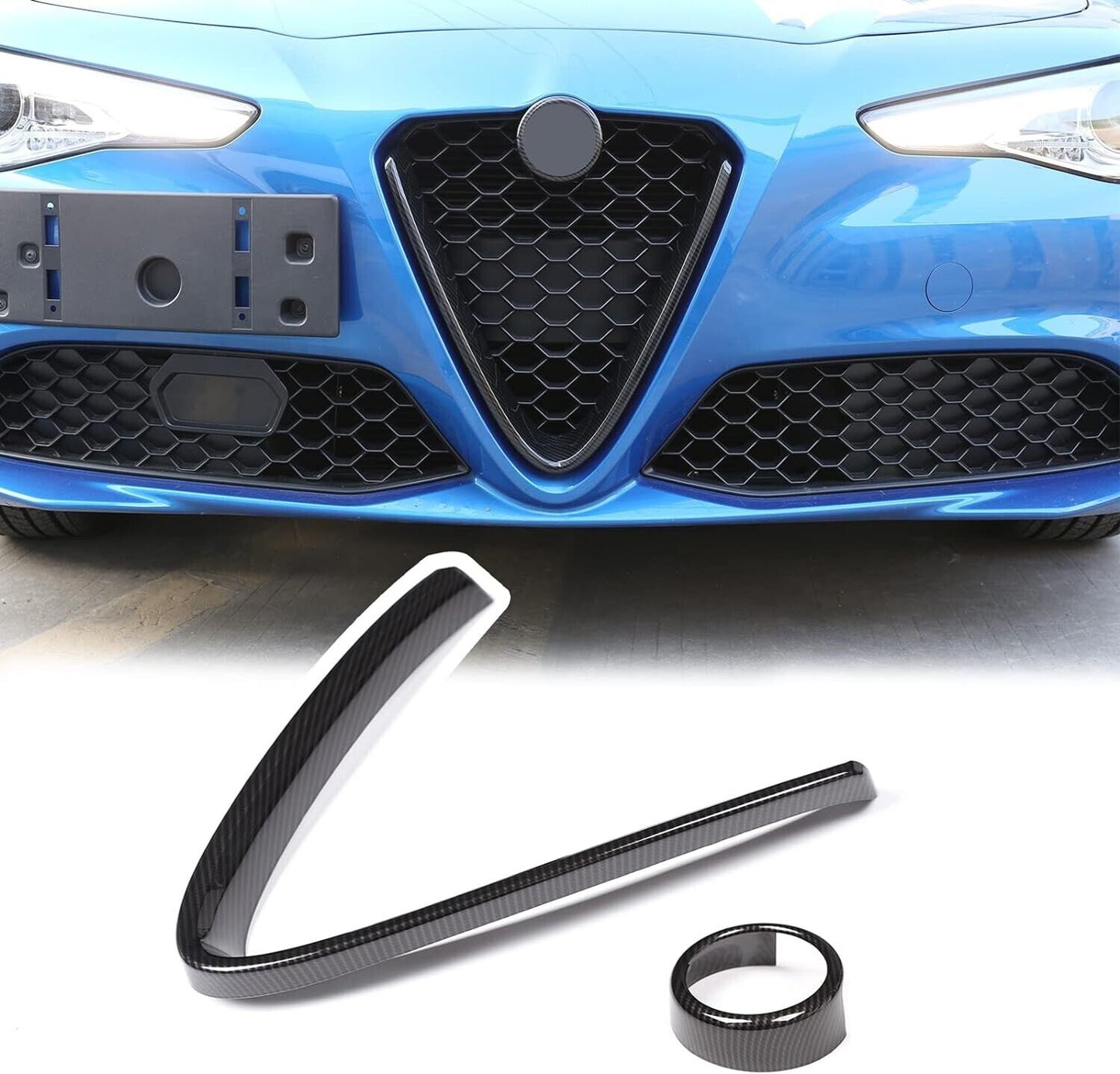 Carbon Front V Shape Grille Cover + Logo Ring Trim For Alfa Romeo Giulia 2017-20