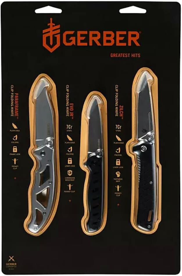 GERBER 3-Piece Greatest Hits Folding Knife Set with Paraframe 1 EVO Jr and Zilch