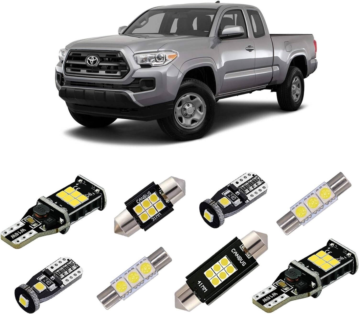 White LED Interior, plate, Rev Lights Package Kit for 2005-2023 Toyota Tacoma