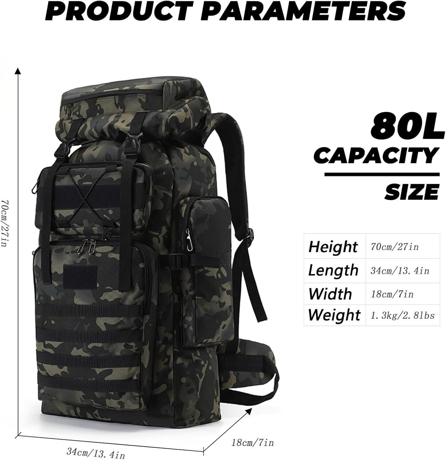 80L Military Tactical Backpack Rucksack for Outdoor Travel Camping Hiking Bag