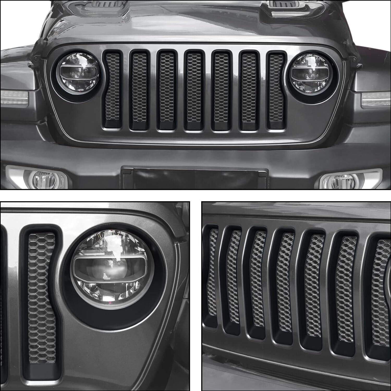 For Jeep JL Mesh Grille Grill Insert & Headlight Turn Light Cover Trim Matte BLK