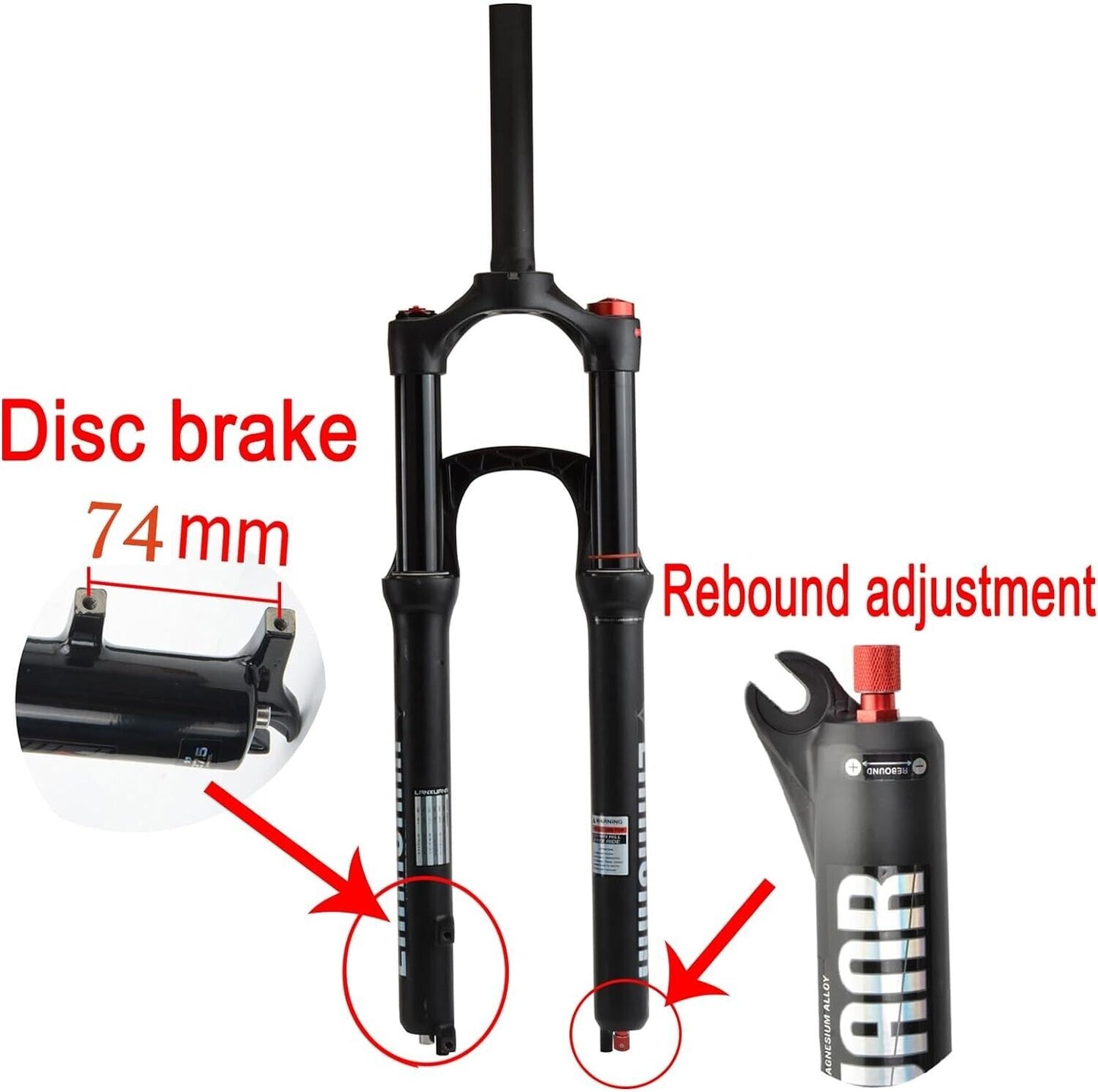 29 in Magnesium Mountain Bike Fork, Rebound Adjust, Air Suspension,Disc Brake