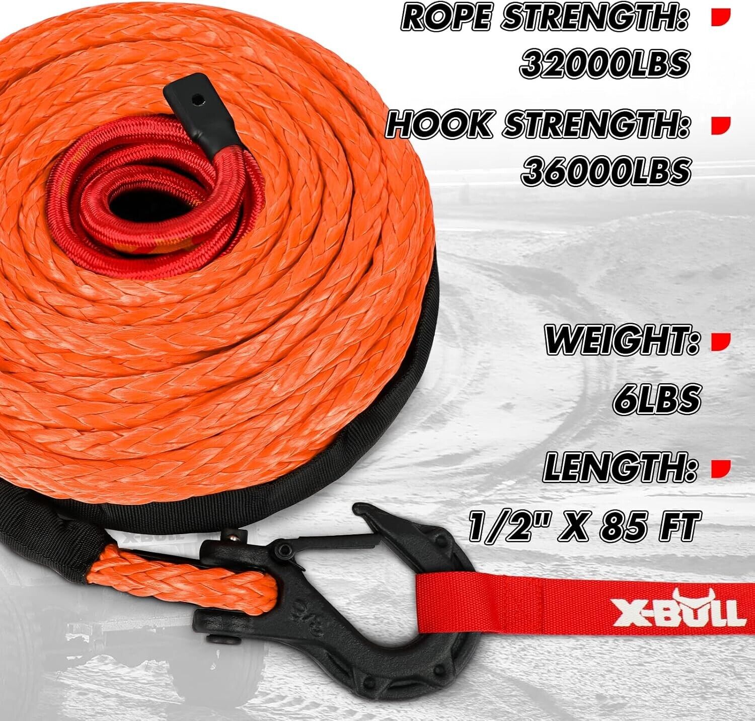 X-Bull Synthetic Winch Rope, 1/2" x 85ft 32000lb Winch Line with sleeve and Hook