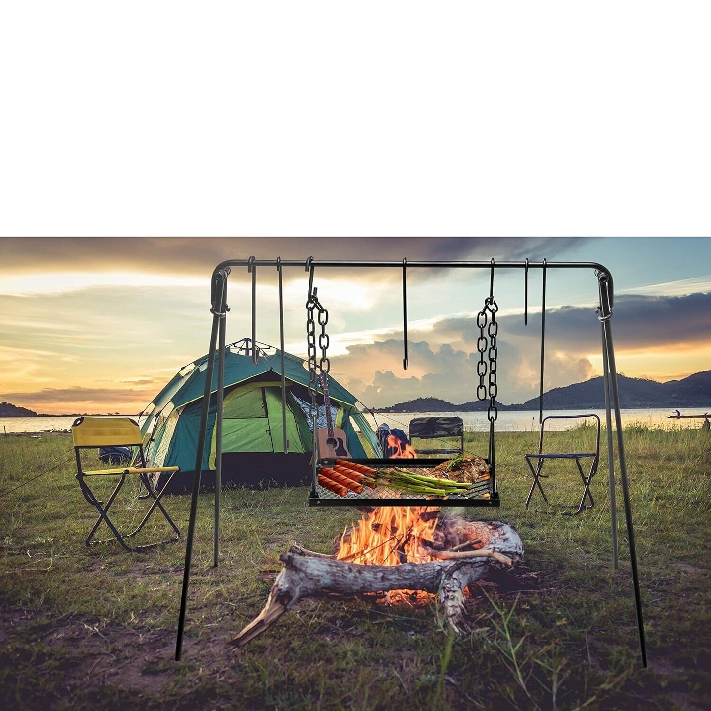 Outdoor 34" BBQ Grill Swing w/Hooks Campfire Cooking Stand for Outdoor Fire Pit