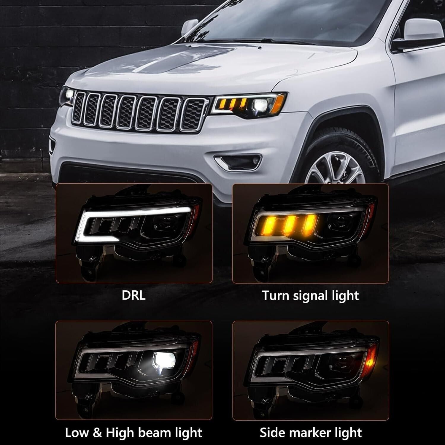 For 2017-2021 Jeep Grand Cherokee Halogen Upgrade LED Tube Projector Headlights