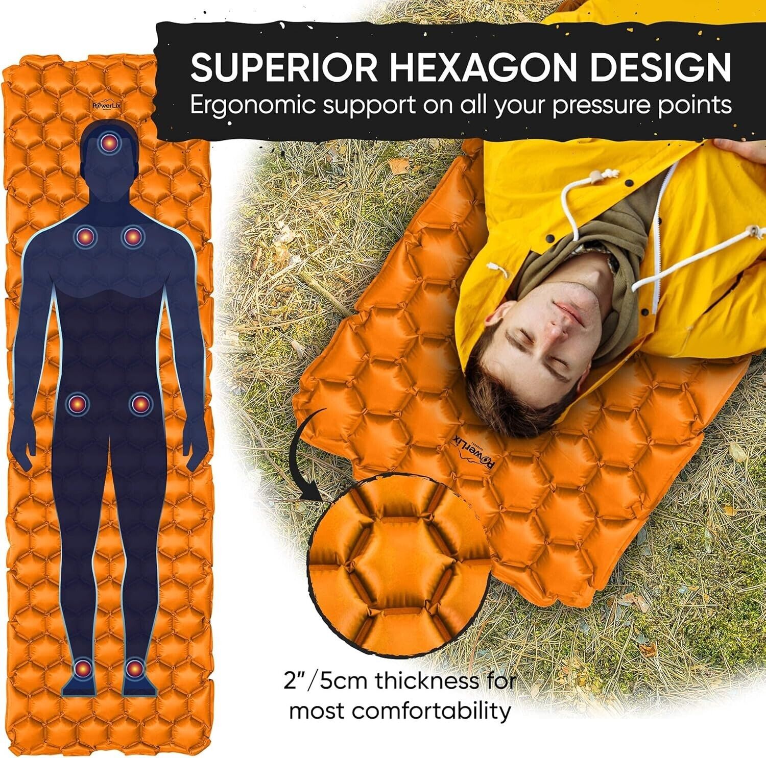 POWERLIX Ultralight Inflatable Sleeping Pad - Camping Mattress Orange & Black