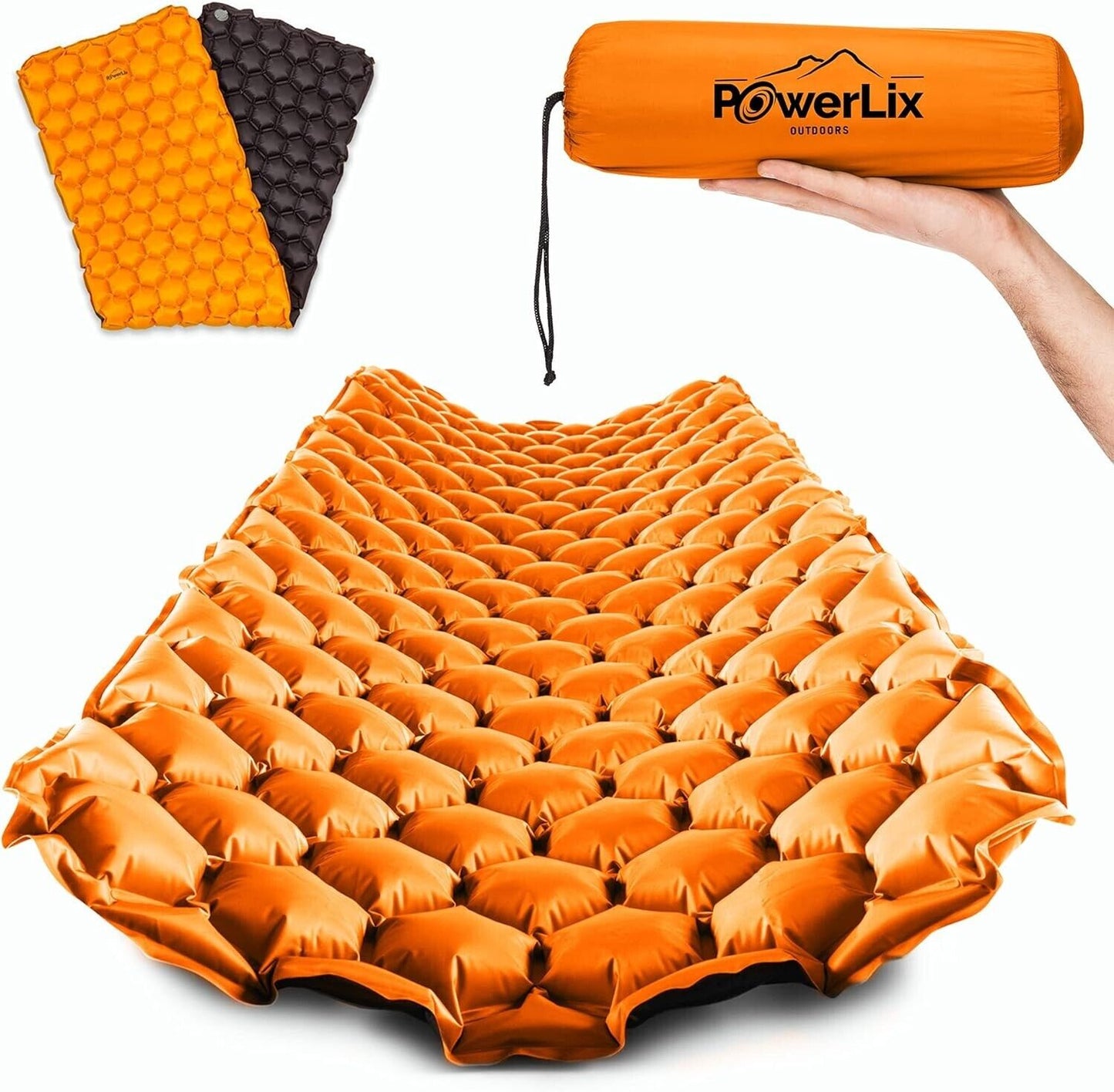 POWERLIX Ultralight Inflatable Sleeping Pad - Camping Mattress Orange & Black