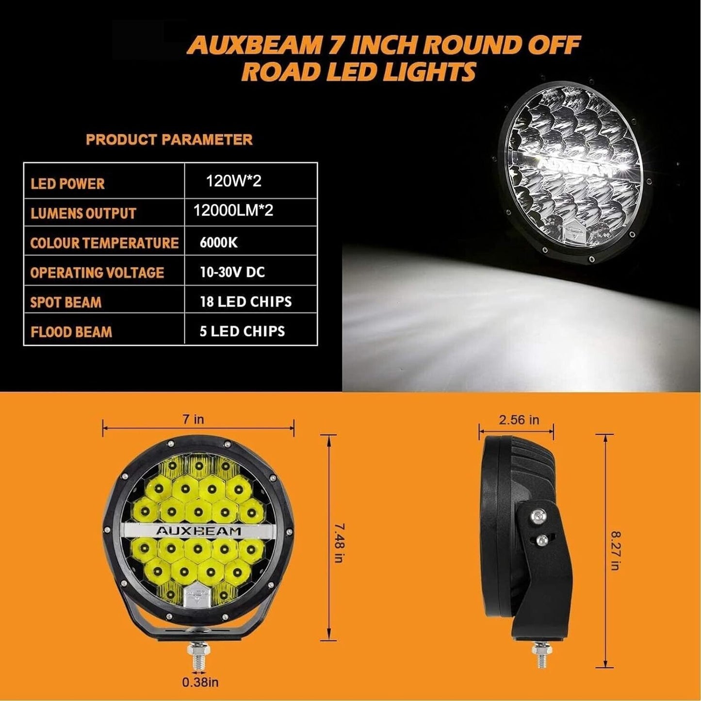 AUXBEAM 2PCS 360-PRO 7"INCH 240W Spot Driving Light w/ DRL 24000LM Off road