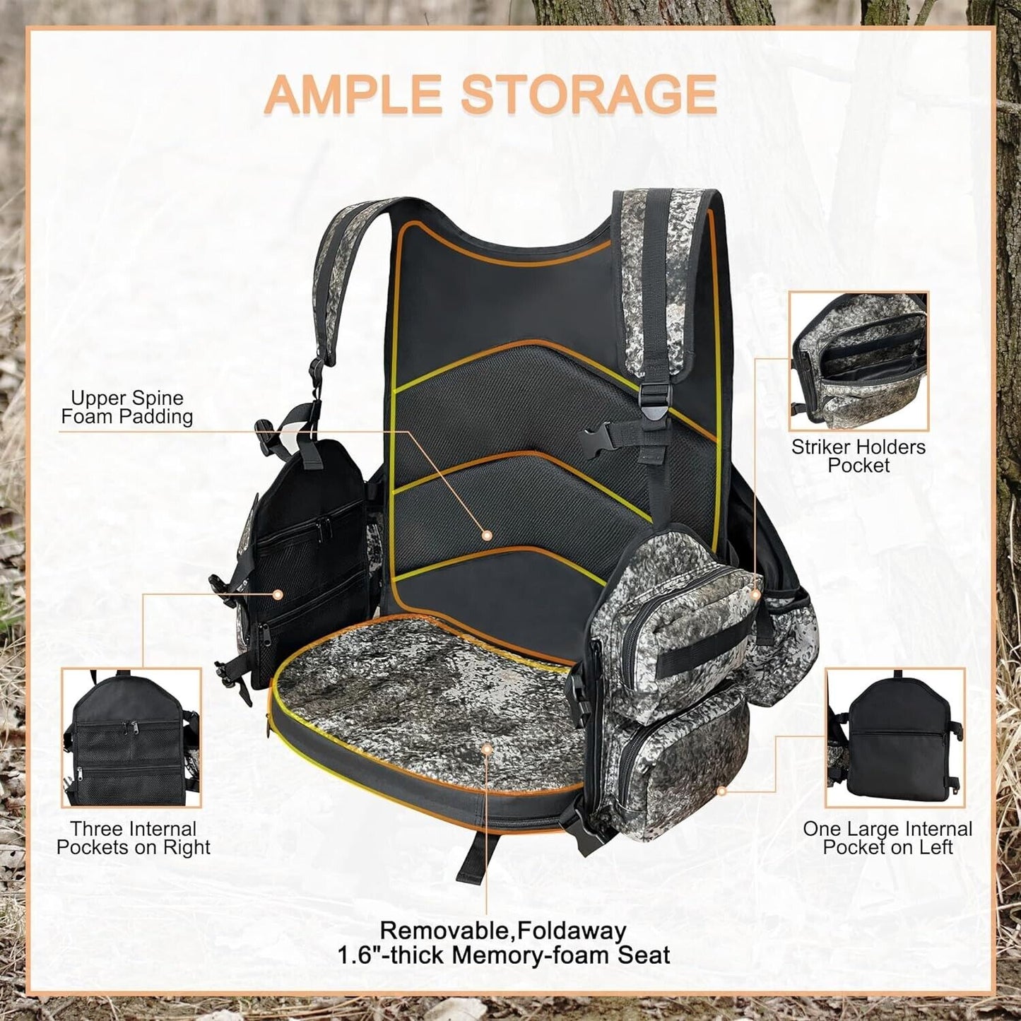 Turkey Vest with Seat and Game Pouch, Turkey Hunting Vest with Side Water Bottle