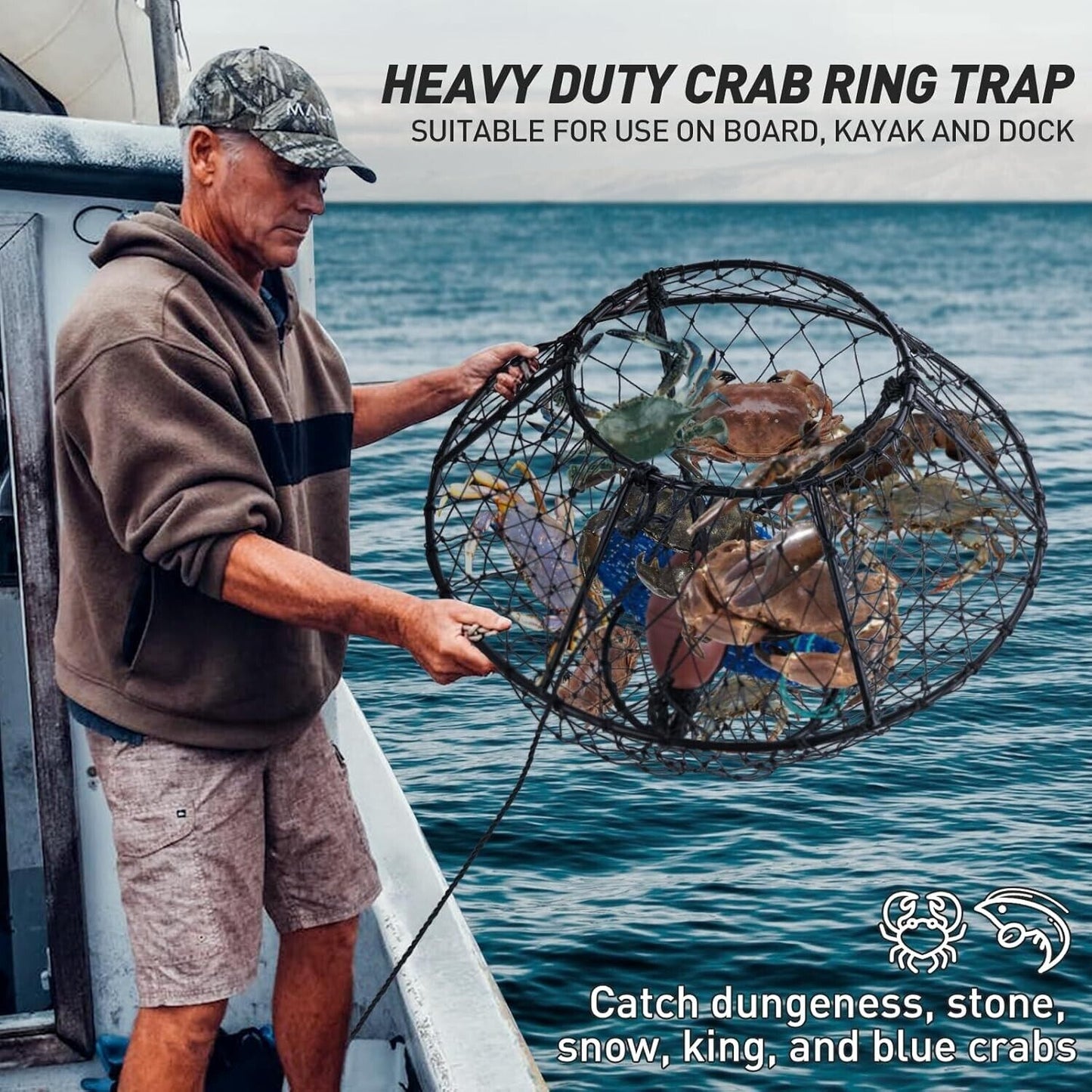 32in Diameter Ring Crab Trap, Lobster Hoop, Portable Foldable w/accessories