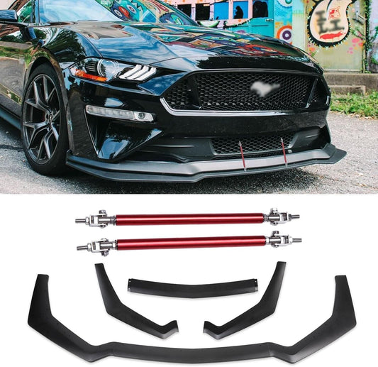 3pc Matte Black Front Splitter Bumper Lip Diffuser W/10-13" red supports 2018-22