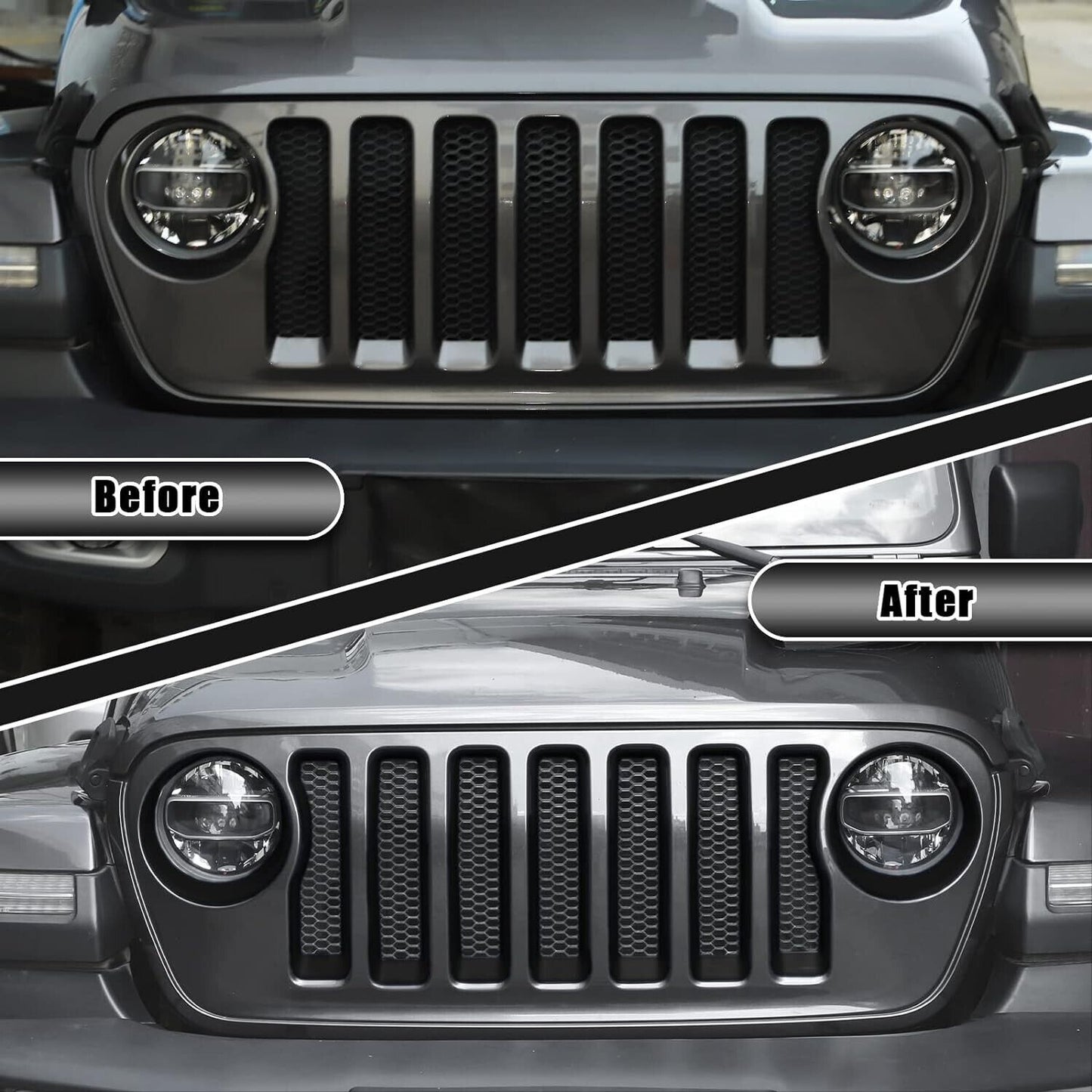 For Jeep JL Mesh Grille Grill Insert & Headlight Turn Light Cover Trim Matte BLK