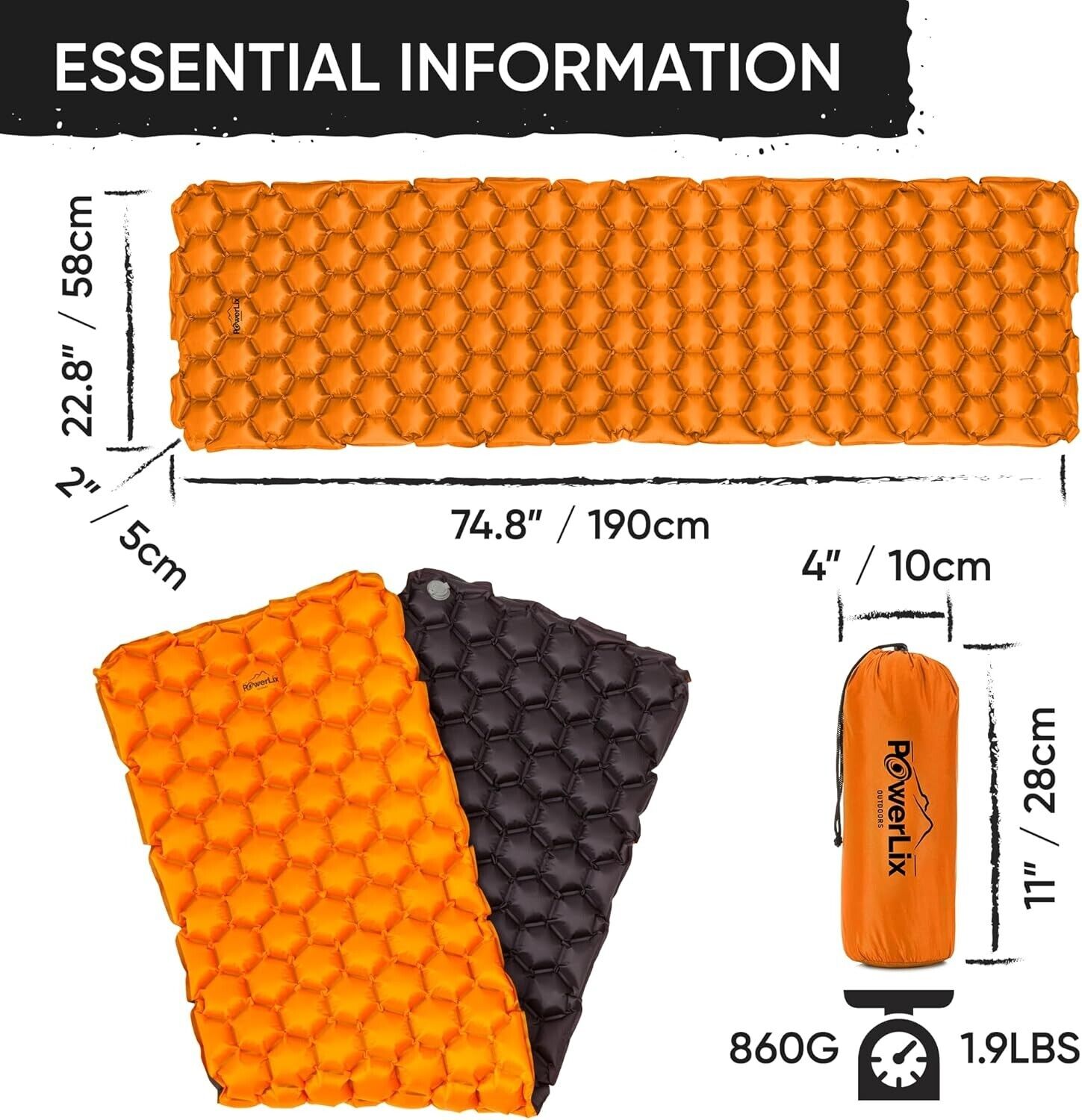 POWERLIX Ultralight Inflatable Sleeping Pad - Camping Mattress Orange & Black