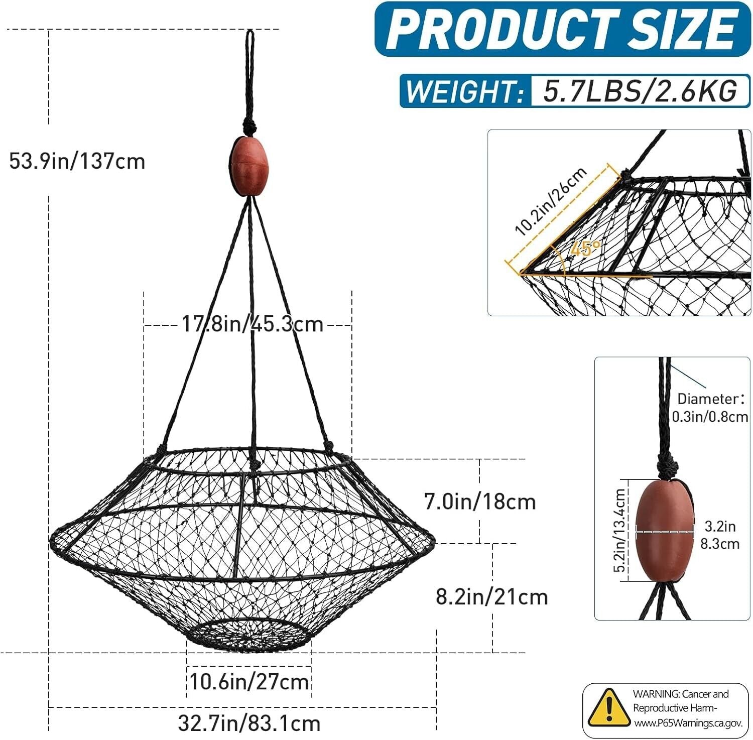 32in Diameter Ring Crab Trap, Lobster Hoop, Portable Foldable w/accessories