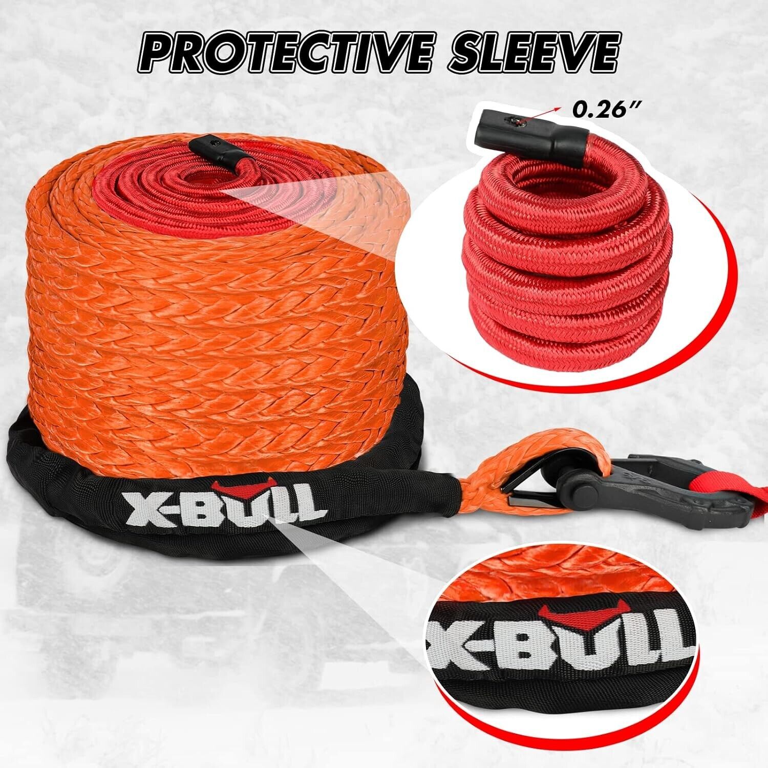 X-Bull Synthetic Winch Rope, 1/2" x 85ft 32000lb Winch Line with sleeve and Hook