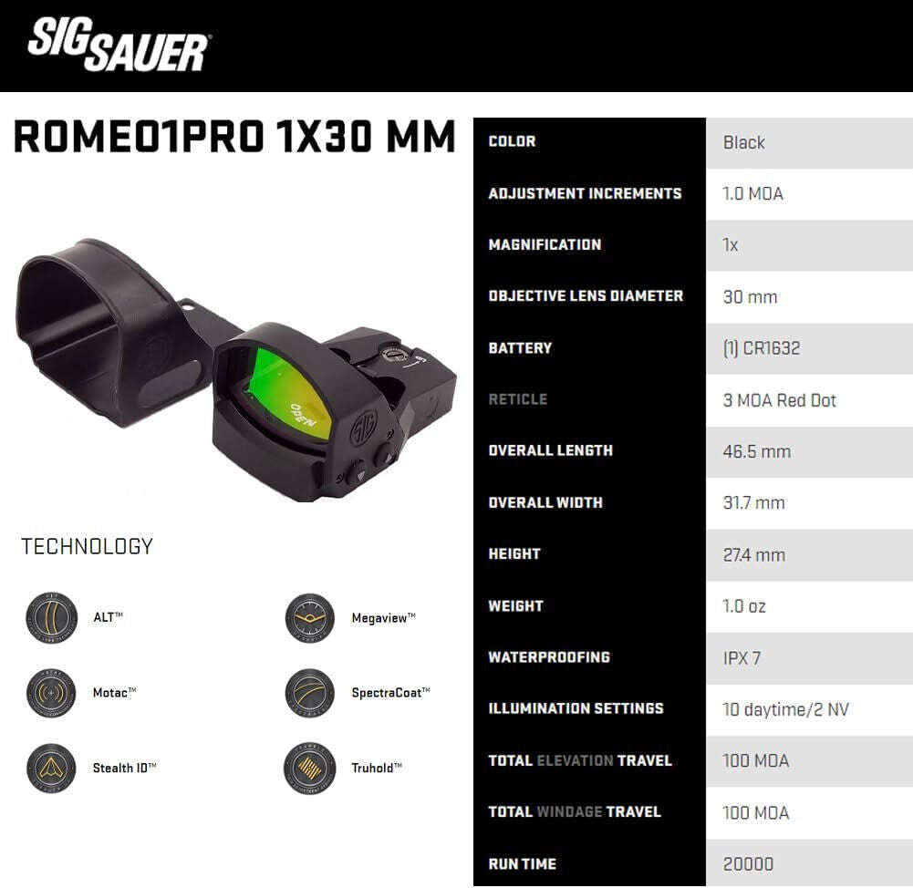 Sig Sauer ROMEO1PRO 1x30mm 3 MOA Reflex Red Dot Sight w/ Shroud, Black- SOR1P100