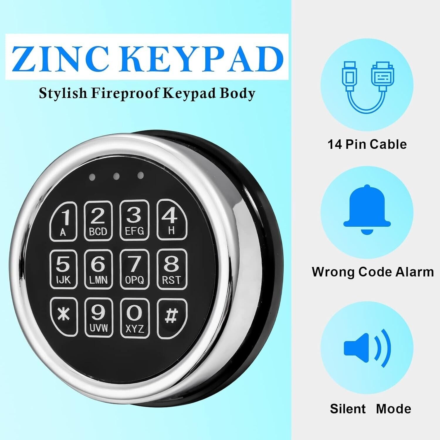 New Gun Safe Lock Replacement Chrome Keypad With Solenoid Lock & 2 Override Keys