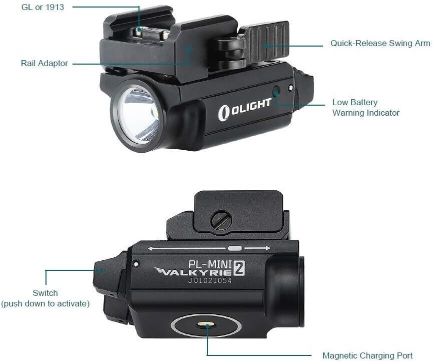 Olight PL-Mini 2 Valkyrie 600 Lumens Rechargeable Tactical Handgun Light-Black