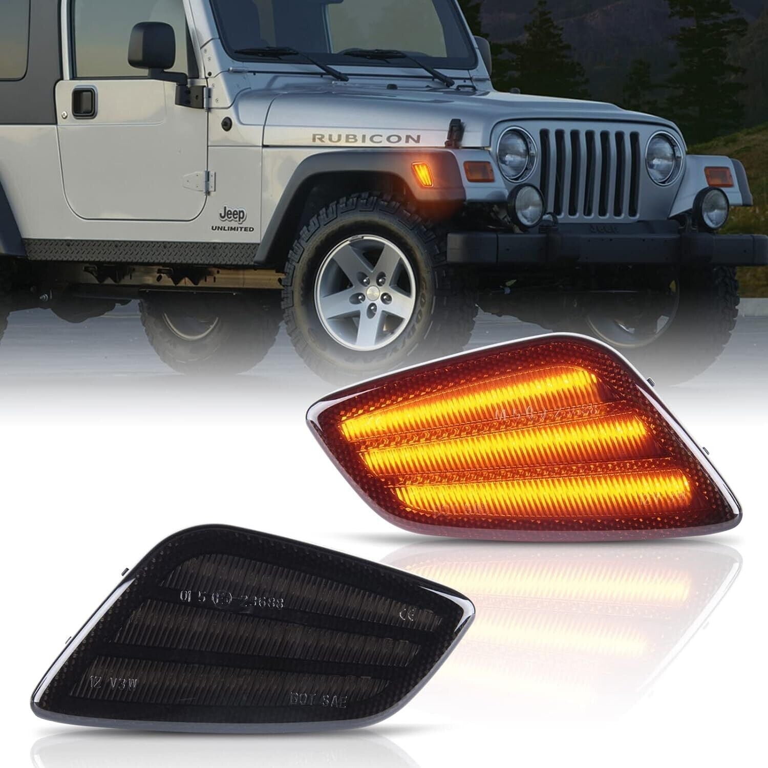 L + R Smoked Amber LED Side Marker Lights Fender Lamps For 1997-06 Wrangler