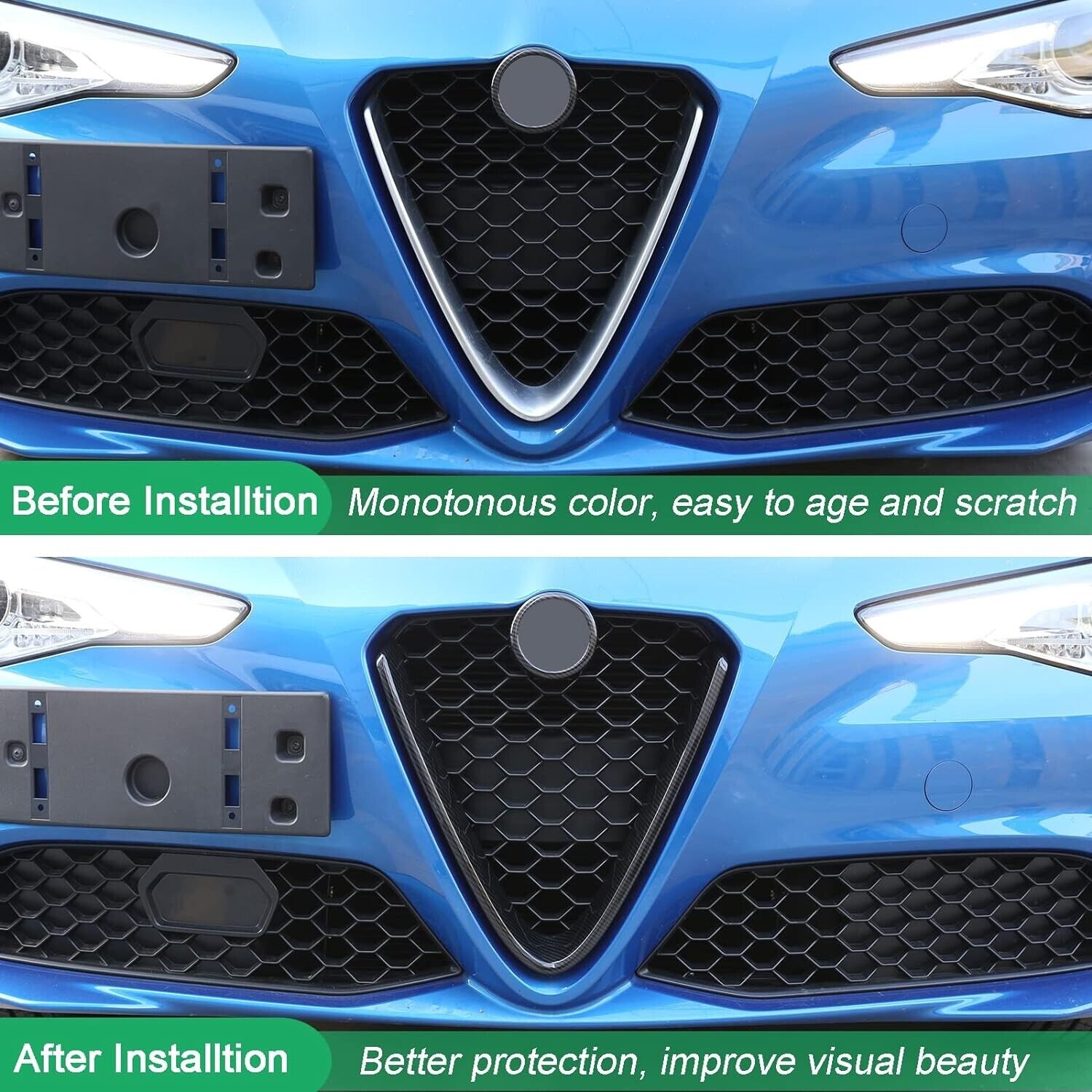 Carbon Front V Shape Grille Cover + Logo Ring Trim For Alfa Romeo Giulia 2017-20