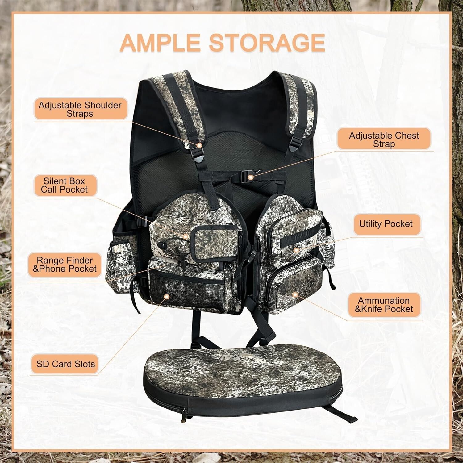 Turkey Vest with Seat and Game Pouch, Turkey Hunting Vest with Side Water Bottle