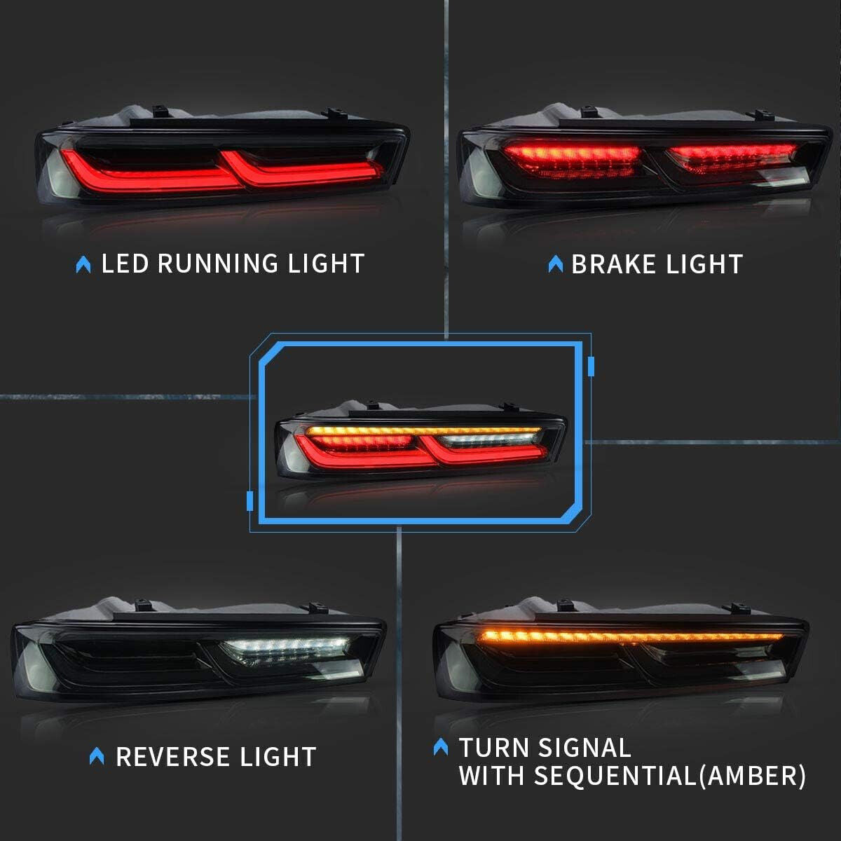 VLAND LED Tail Lights For Chevy Camaro 2016-2018 DRL FULL Smoked Rear Lights