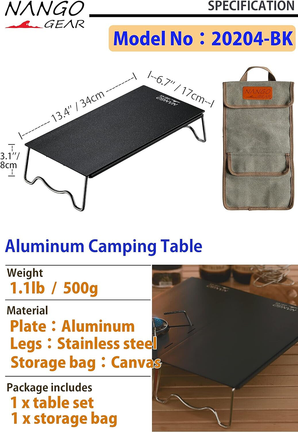 Aluminum Camping Table with Storage Bag Black, Portable, Light weight backpackin