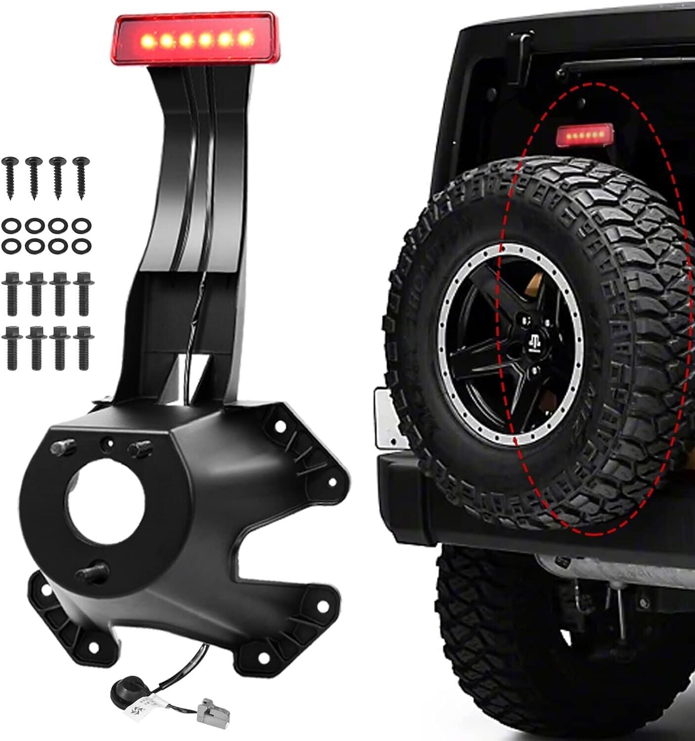 Spare Tire Bracket w/3rd brake light, high mount, wirin for 07-18 Jeep Wrangler