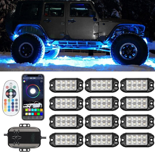 12x RGB LED Rock Light Pod Underbody Glow Neon Music Control Interior Lamp APP