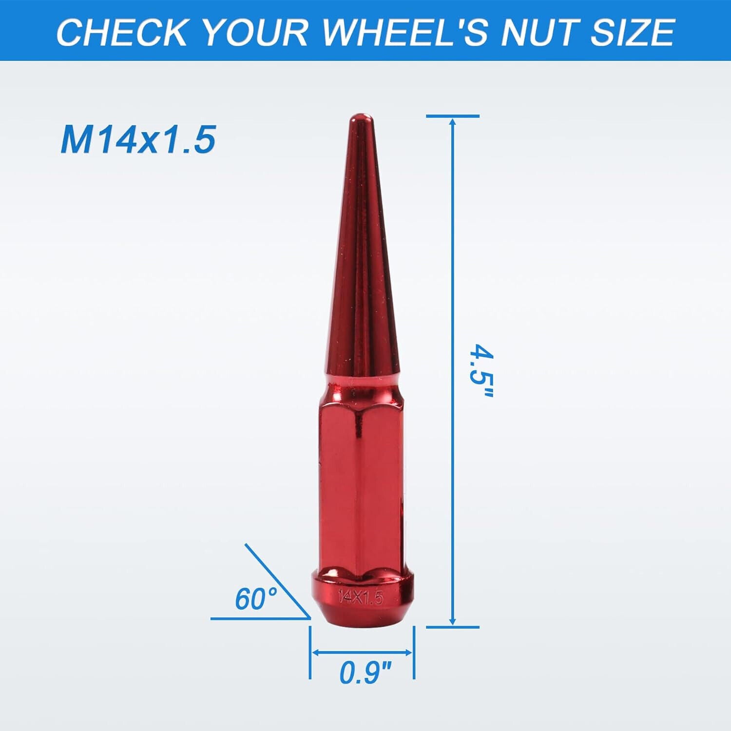 JDMSPEED Wheel Spike Lug Nuts (24pcs) with 1 Socket Key Red 14x1.5 4.5 Tall 6lug