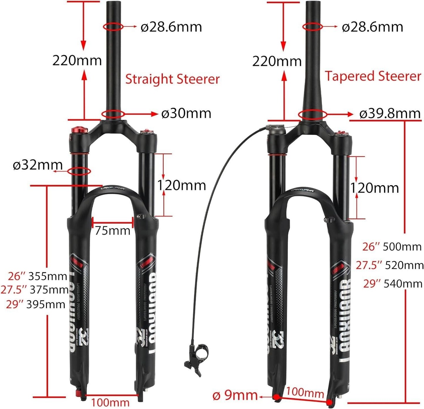 29 in Magnesium Mountain Bike Fork, Rebound Adjust, Air Suspension,Disc Brake