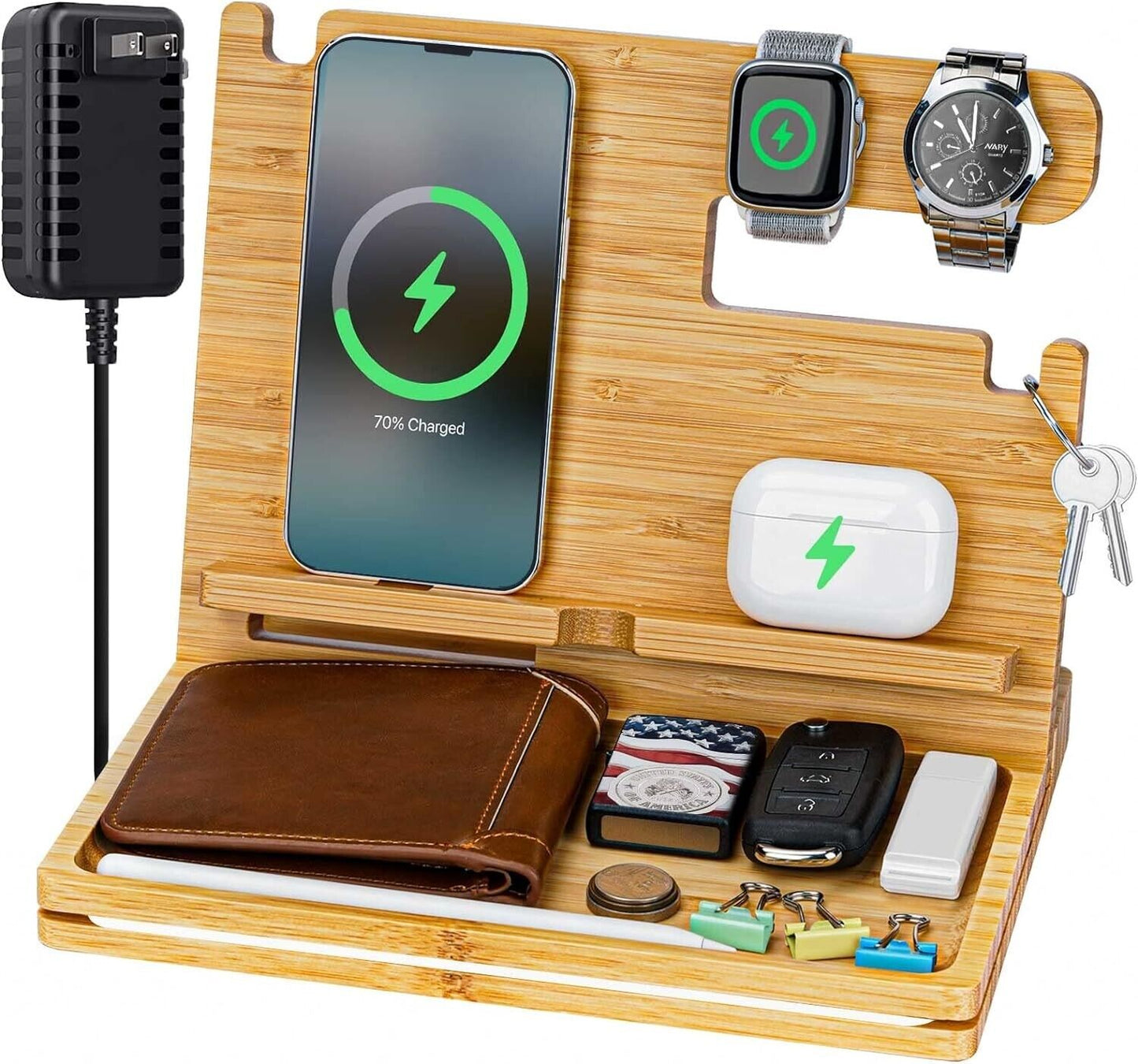 Wood Charging Dock Station Charger Holder For iPhone Android Phone Apple Watch