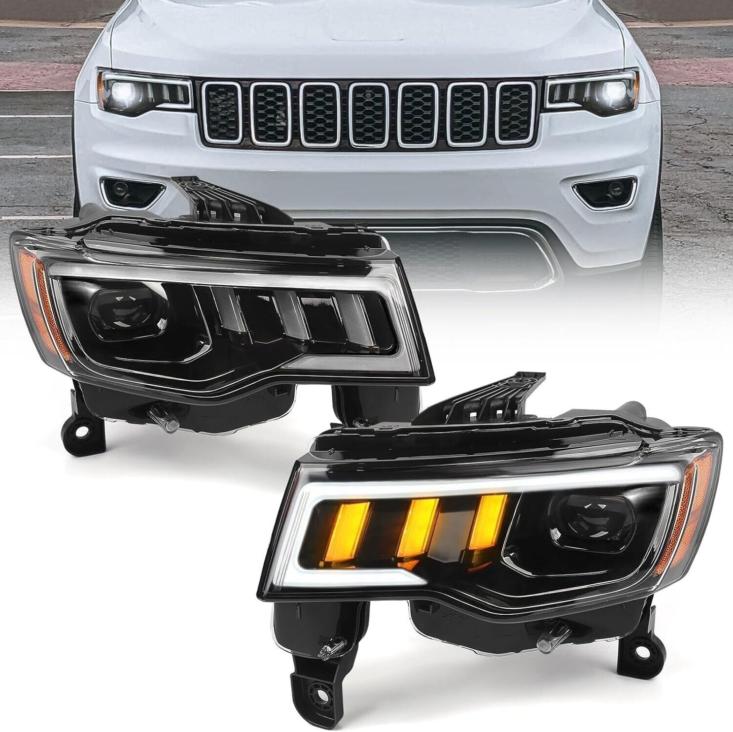 For 2017-2021 Jeep Grand Cherokee Halogen Upgrade LED Tube Projector Headlights