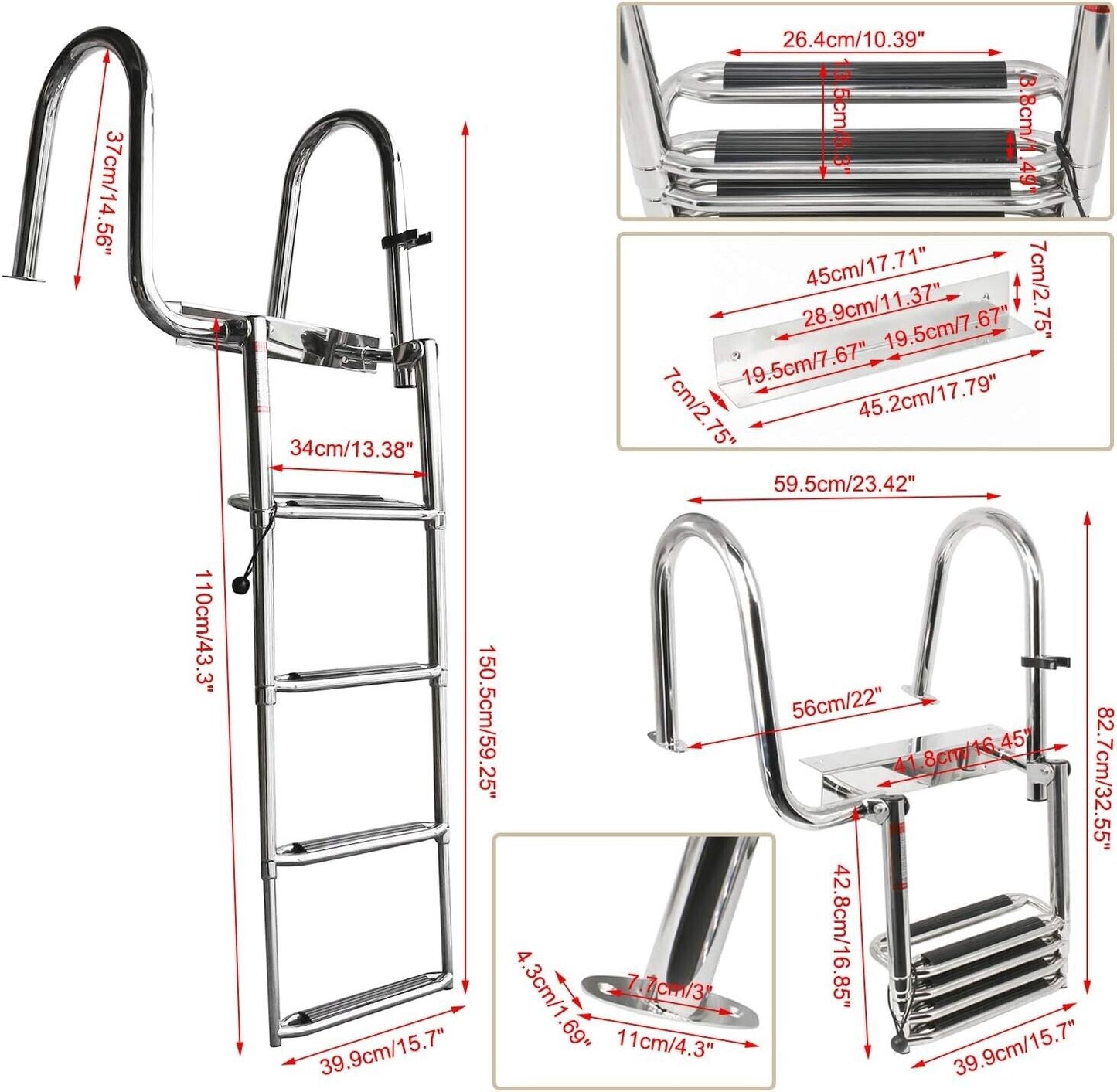 4-Step Pontoon Boat Ladder Folding Telescoping Rear Entry Inboard Ladder