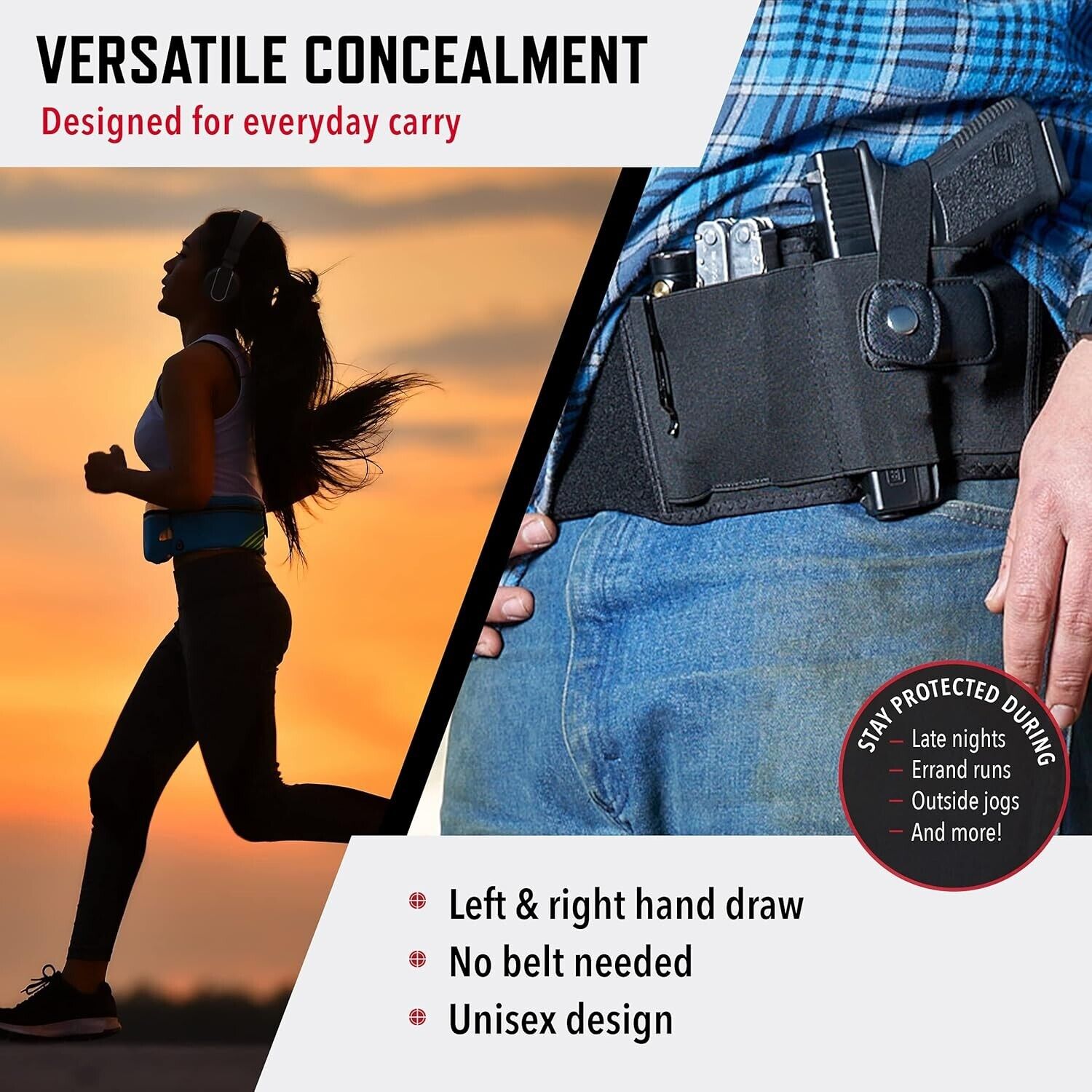 Belly Band Holster for Concealed Carry Fits Glock Sig S&W 9m IWB/OWB Ruger