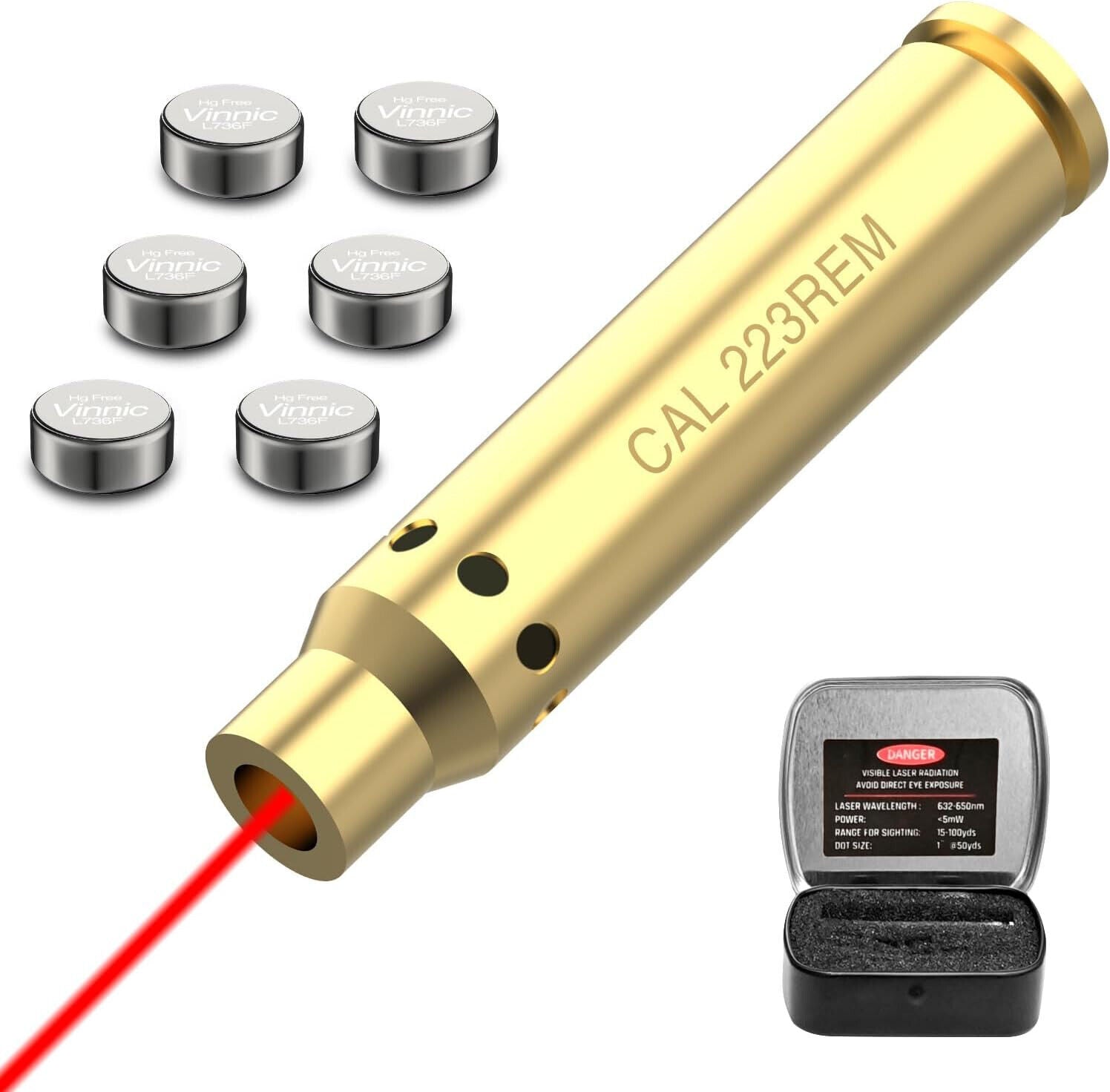 223 5.56mm Red Laser Bore Sight Brass Cartridge Bullet Shap Boresighter 6Battery