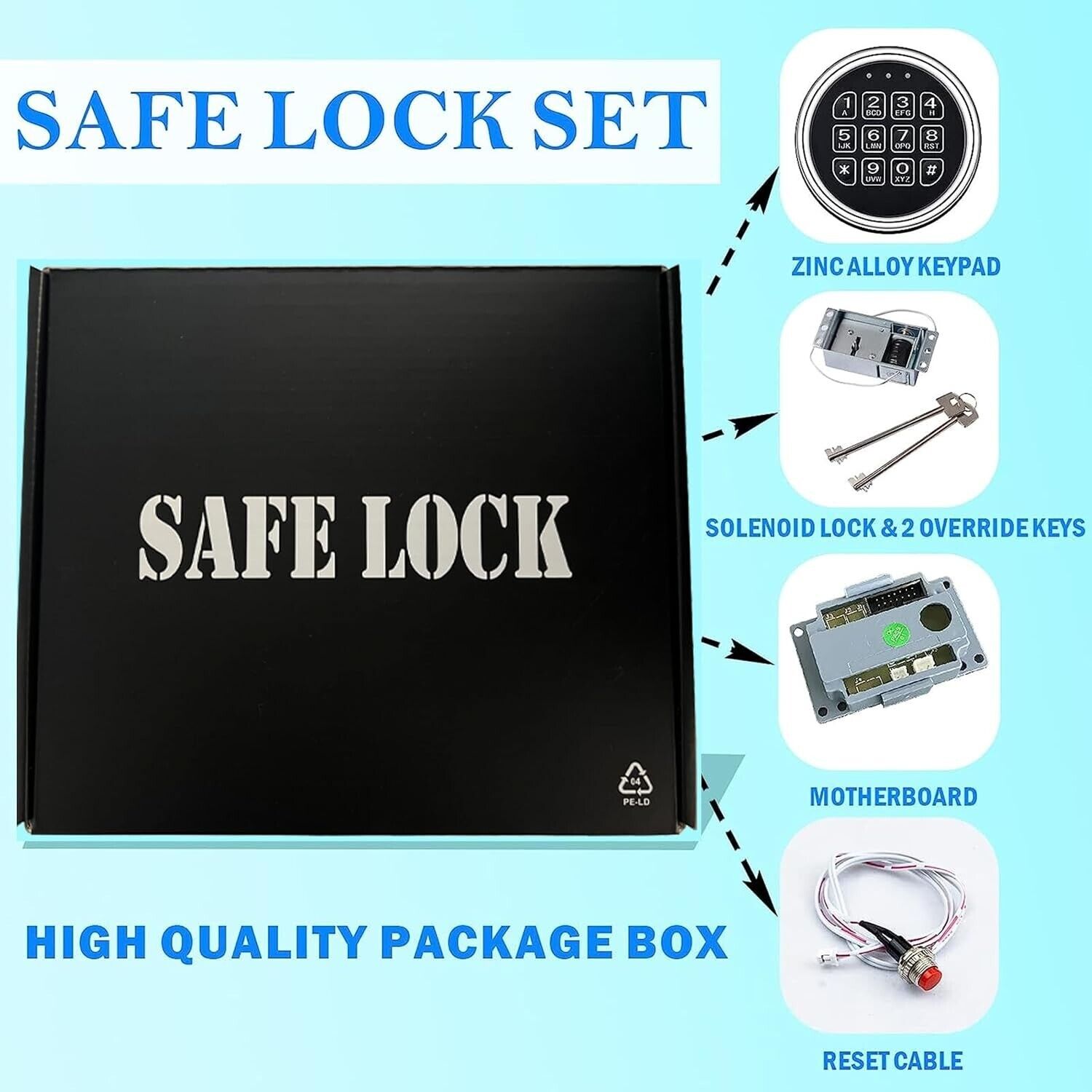 New Gun Safe Lock Replacement Chrome Keypad With Solenoid Lock & 2 Override Keys