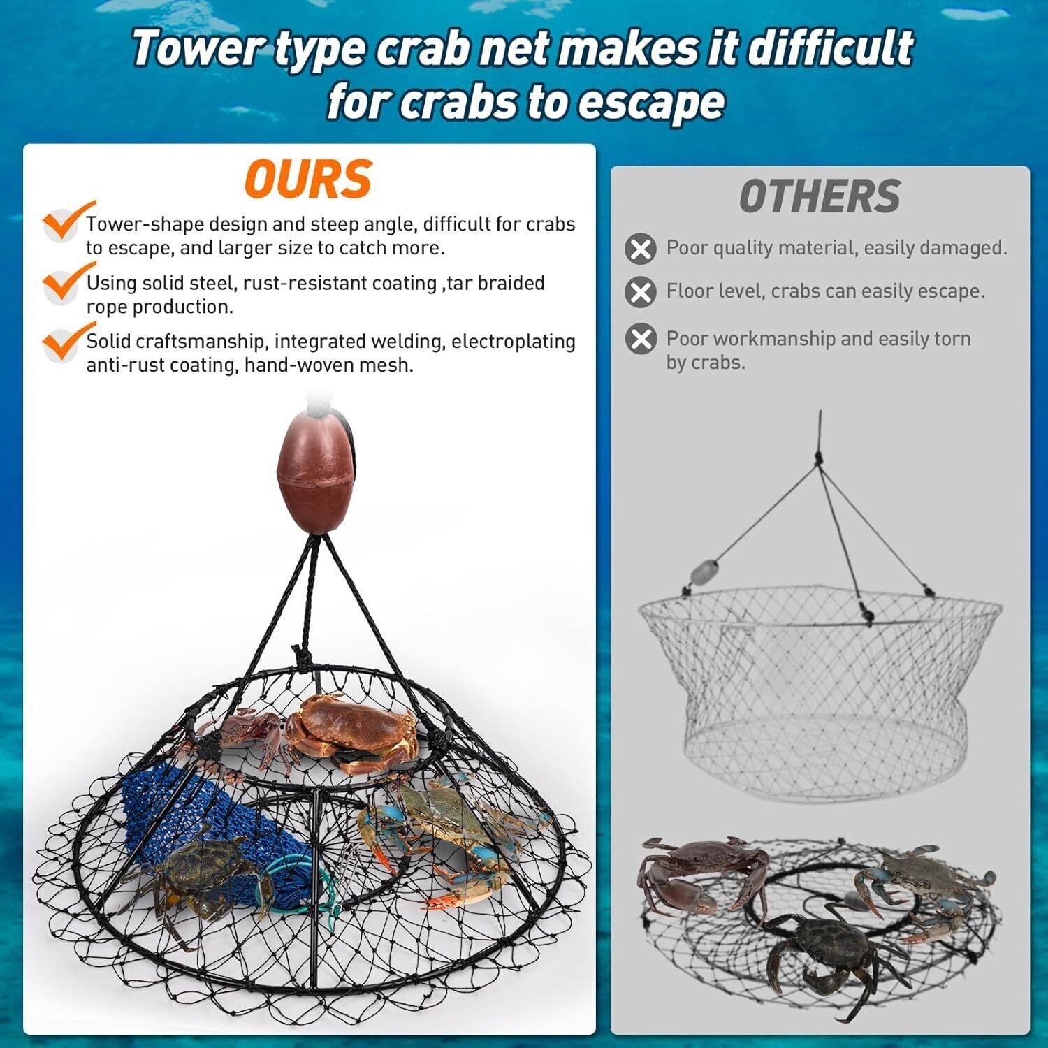 32in Diameter Ring Crab Trap, Lobster Hoop, Portable Foldable w/accessories